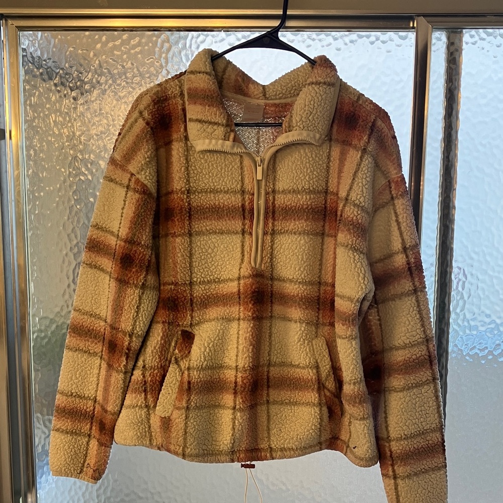 No Boundaries Plaid Teddy Jacket - Cream and Brown